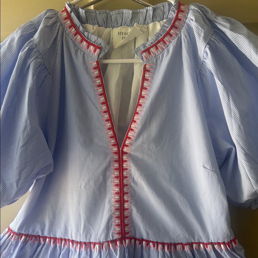 Light Blue Embroidered Tiered Casual Dress with Pink Trim - Picture 5 of 14